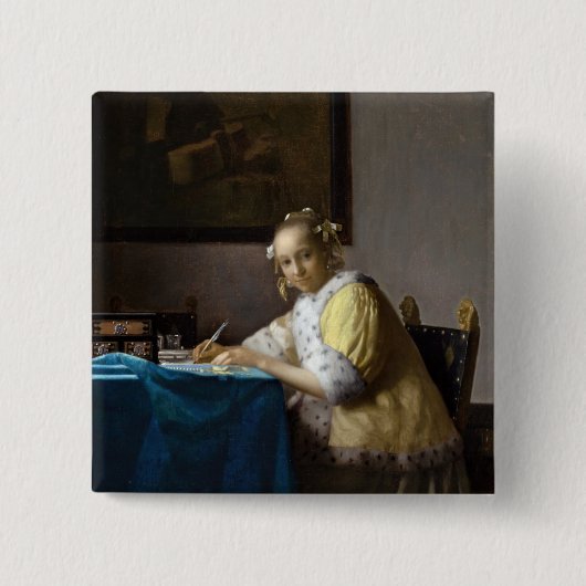 Johannes Vermeer - Een dame die een brief schrijft Vierkante Button 5,1 Cm (Voorkant)