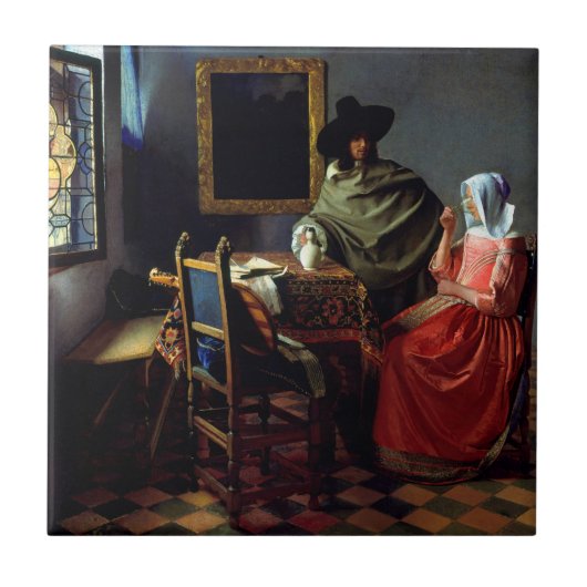 Johannes Vermeer - Het glas wijn Tegeltje (Voorkant)