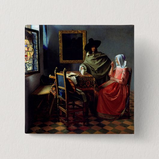 Johannes Vermeer - Het glas wijn Vierkante Button 5,1 Cm (Voorkant)