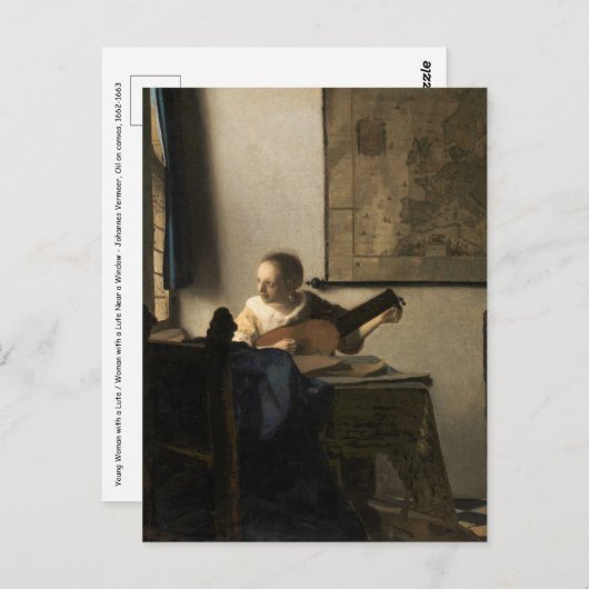 Johannes Vermeer - Jonge vrouw met een luit Briefkaart (Voorkant / Achterkant)