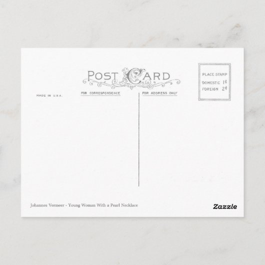 Johannes Vermeer, jonge vrouw met parelKetting Briefkaart (Achterkant)