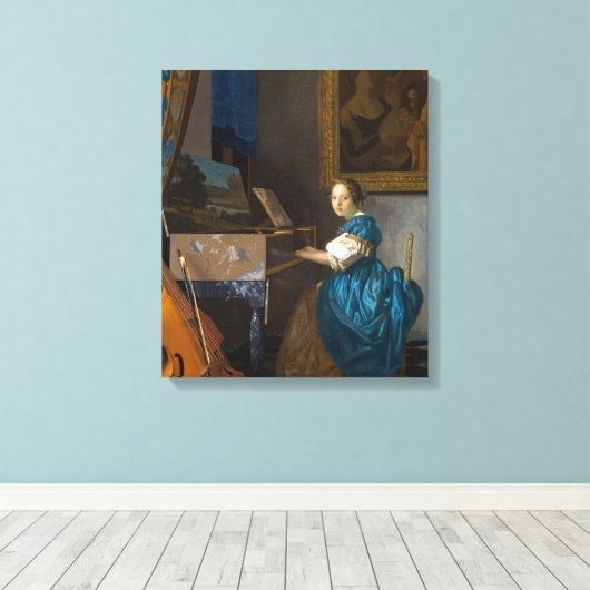 Johannes Vermeer - Lady Seated in een Virginal Canvas Afdruk (Insitu (Houten vloer))