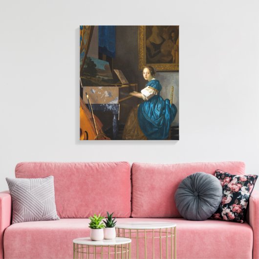 Johannes Vermeer - Lady Seated in een Virginal Canvas Afdruk (Insitu (Woonkamer))