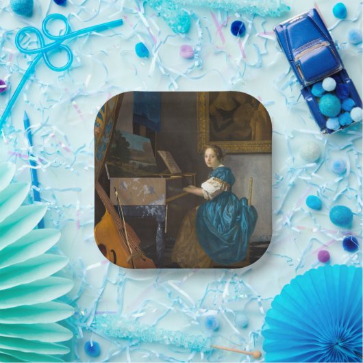 Johannes Vermeer - Lady Seated in een Virginal Papieren Bordje (Feest)