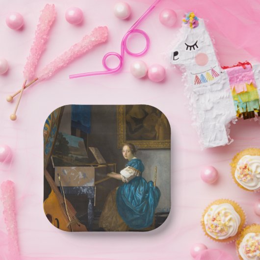Johannes Vermeer - Lady Seated in een Virginal Papieren Bordje (Feest)