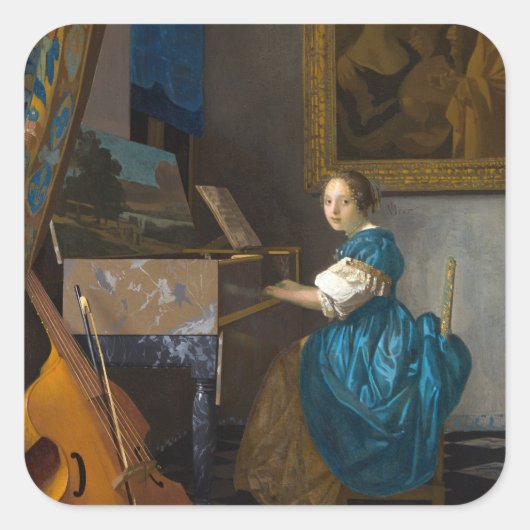 Johannes Vermeer - Lady Seated in een Virginal Vierkante Sticker (Voorkant)