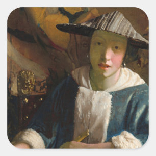 Johannes Vermeer - Meisje met een Flute Vierkante Sticker
