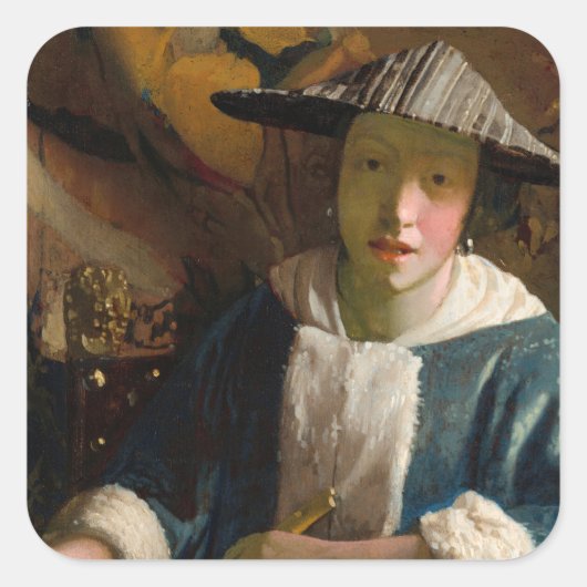 Johannes Vermeer - Meisje met een Flute Vierkante Sticker (Voorkant)