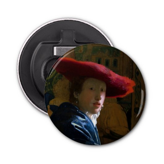 Johannes Vermeer - Meisje met een rood Pet Button Flesopener (Voorkant)