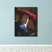 Johannes Vermeer - Meisje met een rood Pet Canvas Afdruk (Insitu (Houten vloer))