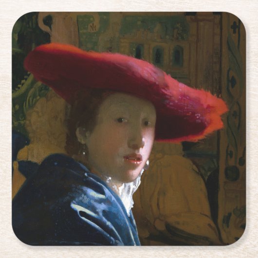 Johannes Vermeer - Meisje met een rood Pet Kartonnen Onderzetters (Voorkant)