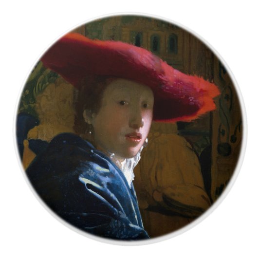 Johannes Vermeer - Meisje met een rood Pet Keramische Knop (Voorkant)