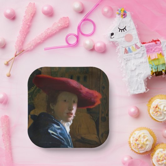 Johannes Vermeer - Meisje met een rood Pet Papieren Bordje (Feest)