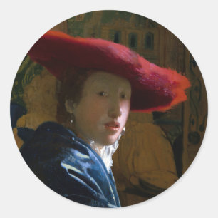 Johannes Vermeer - Meisje met een rood Pet Ronde Sticker