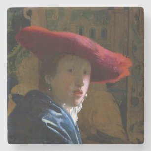 Johannes Vermeer - Meisje met een rood Pet Stenen Onderzetter
