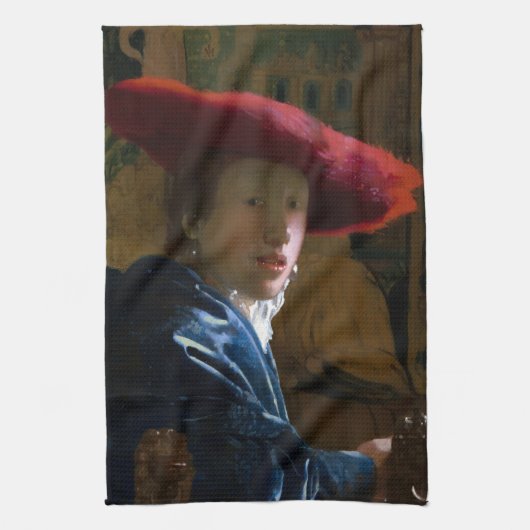 Johannes Vermeer - Meisje met een rood Pet Theedoek (Verticaal)