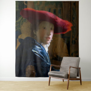 Johannes Vermeer - Meisje met een rood Pet Wandkleed
