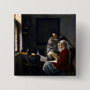 Johannes Vermeer - Meisje onderbroken bij haar muz Vierkante Button 5,1 Cm