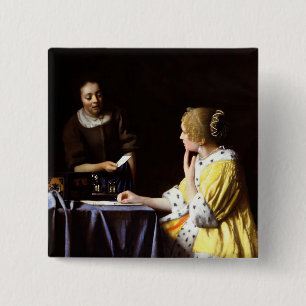 Johannes Vermeer - Mistress en Maid Vierkante Button 5,1 Cm