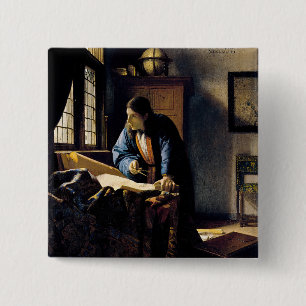 Johannes Vermeer - The Geographer Vierkante Button 5,1 Cm