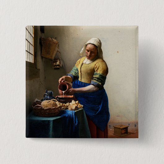 Johannes Vermeer - The Milkmaid Vierkante Button 5,1 Cm (Voorkant)