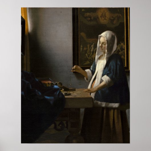 Johannes Vermeer, Vrouw die een evenwicht houdt Poster (Voorkant)