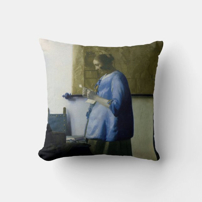 Johannes Vermeer - Vrouw in Blauw Leest een brief Kussen (Voorkant)