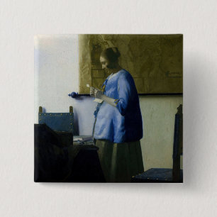Johannes Vermeer - Vrouw in Blauw Leest een brief Vierkante Button 5,1 Cm