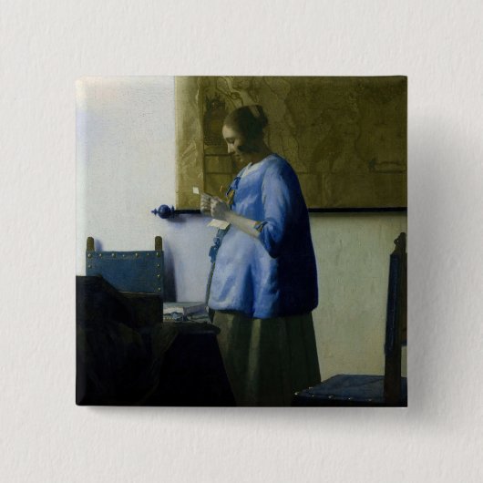 Johannes Vermeer - Vrouw in Blauw Leest een brief Vierkante Button 5,1 Cm (Voorkant)