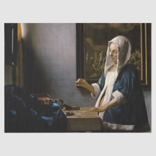 Johannes Vermeer - Woman Holding a Balance Tissuepapier (Voorkant)