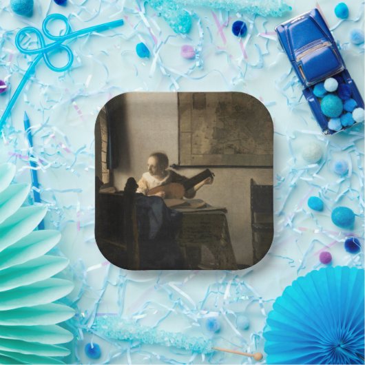 Johannes Vermeer - Young Woman met een Lute Papieren Bordje (Feest)