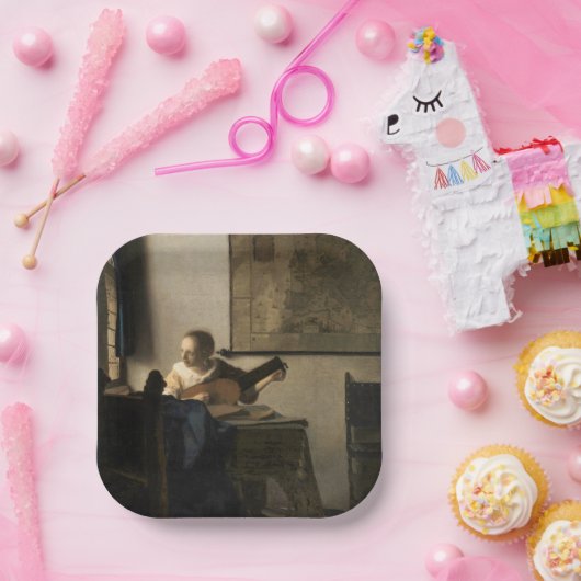 Johannes Vermeer - Young Woman met een Lute Papieren Bordje (Feest)