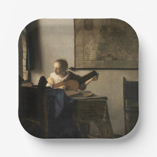 Johannes Vermeer - Young Woman met een Lute Papieren Bordje (Voorkant)