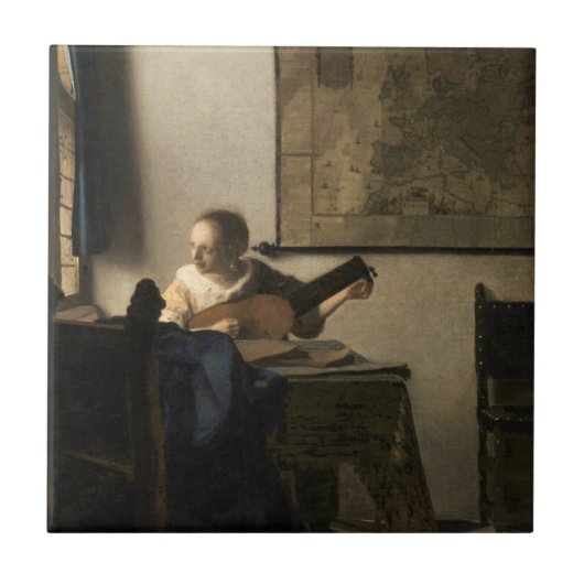 Johannes Vermeer - Young Woman met een Lute Tegeltje (Voorkant)