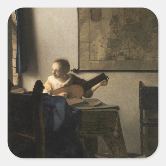 Johannes Vermeer - Young Woman met een Lute Vierkante Sticker (Voorkant)