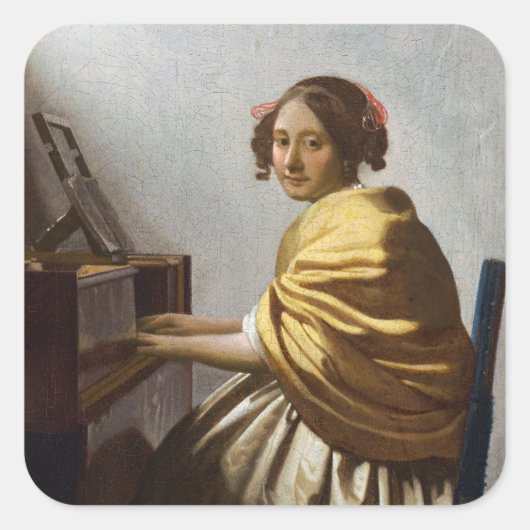 Johannes Vermeer - Young Woman Seated at Virginal Vierkante Sticker (Voorkant)