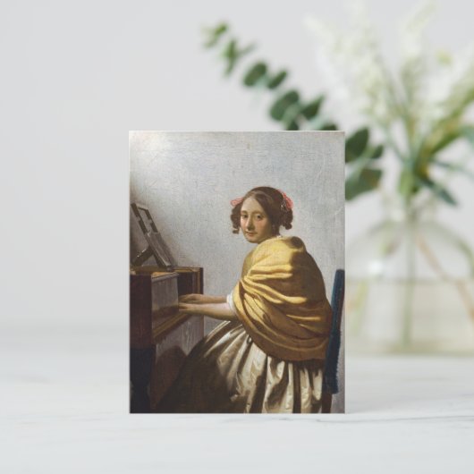 Johannes Vermeer - Zittende jonge vrouw aan het kl Briefkaart (Staand voorkant)