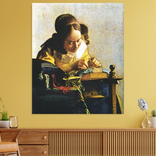 Johannes Vermeer's The Lacemaker (ongeveer 1670) Canvas Afdruk (Insitu (Woonkamer))