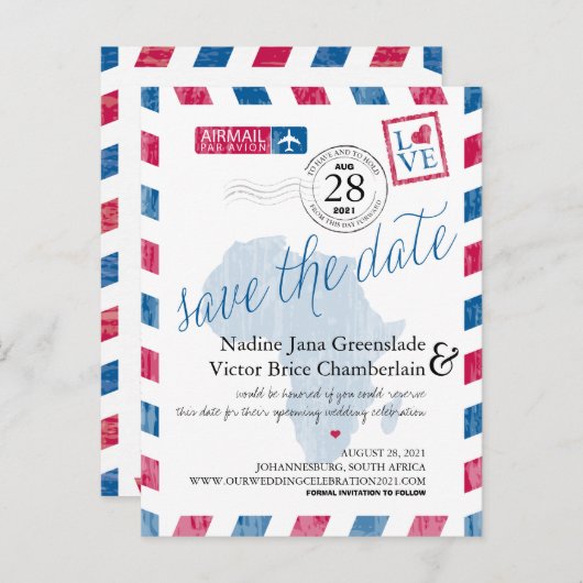 Johannesburg Zuid-Afrika Airmail Bewaar de datum Aankondigingskaart (Voorkant / Achterkant)