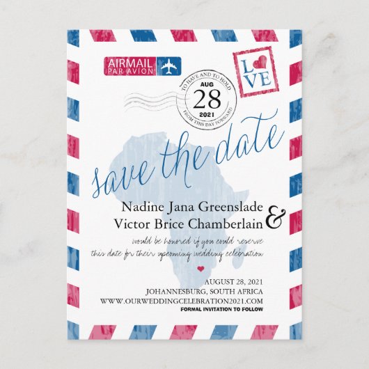 Johannesburg Zuid-Afrika Airmail Bewaar de datum Aankondigingskaart (Voorkant)