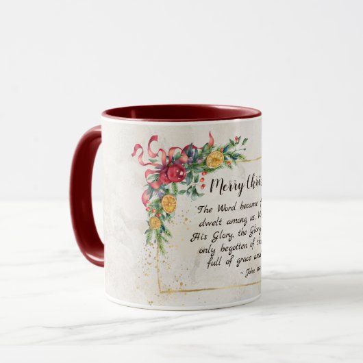 John 1:14 Het woord werd Flesh, Kerstmis Mok (Voorkant links)