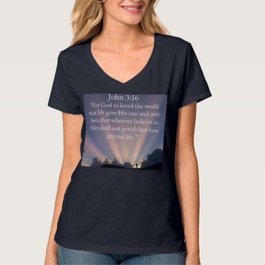 John 3:16 Bijbelvers Dames V-hals T-shirt (Voorkant)