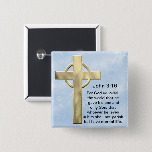 John 3:16 (blauw) vierkante button 5,1 cm (Voorkant /achterkant)