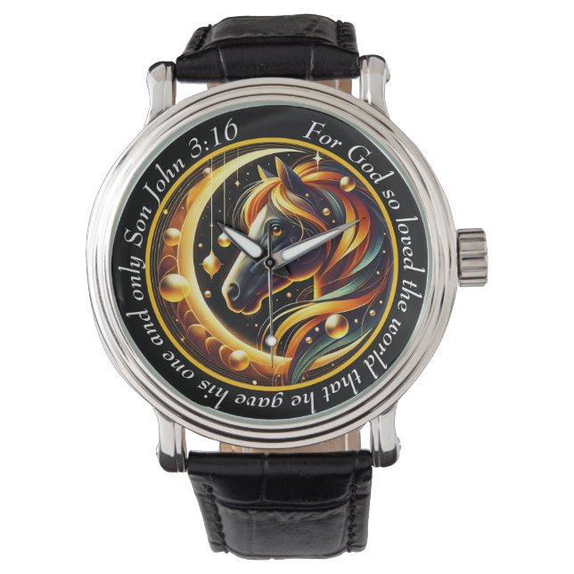 John 3:16 Celestial Horse Timepiece Spirit Faith Horloge (Voorkant)