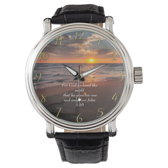 John 3:16 Christelijke Faith oceaan met zonsonderg Horloge (Voorkant)