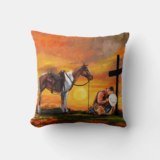 John 3:16 Cowboy bij het Kruis Biddende Christenen Kussen (Voorkant)