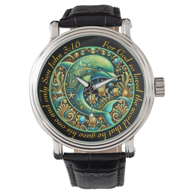 John 3:16 Elegant Dolphin Timepiece Divine Grace Horloge (Voorkant)