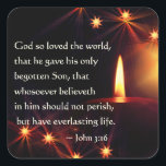 John 3:16 God so loved the world, Christmas Candle Vierkante Sticker<br><div class="desc">Beautiful Christmas sticker depicts a glowing candle surrounded by star lights and features the beloved Bible Verse John 3:16,  "For God so loved the world,  that gave his only Son,  that whowhowhowerver believes in him should not perish,  but have eternal life."*</div>