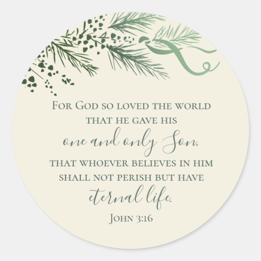 John 3:16 Hand Drawn Greenery Christian Christmas Ronde Sticker (Voorkant)