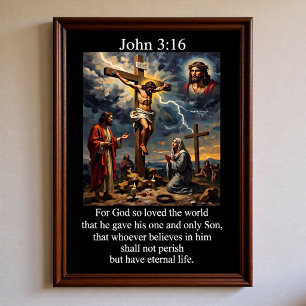 John 3:16 Kruisiging Calvarieberg Bliksemschicht Poster